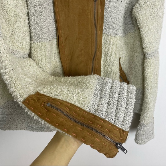 Free People Counting Sheep Sherpa Suede Moto Jacket Medium Large Oatmeal Camel - Picture 10 of 15